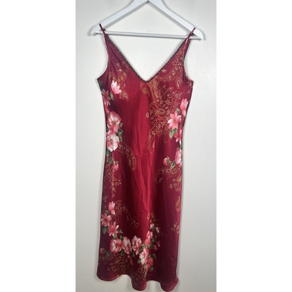 Vtg CALAFORNIA Dynasty Size Small Red Floral Satin MIDI Fitted Slip Dress - Picture 2 of 10